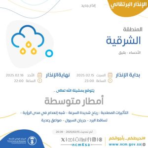 “الأرصاد” تطلق الإنذار البرتقالي بأمطار متوسطة على الأحساء