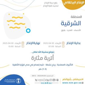 “الإنذار البرتقالي في الشرقية: رياح نشطة وأتربة مثارة تحد من الرؤية الأفقية”