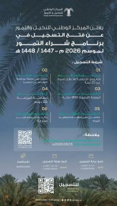 المركز الوطني للنخيل والتمور يفتح باب التسجيل في برنامج شراء التمور لموسم 2026